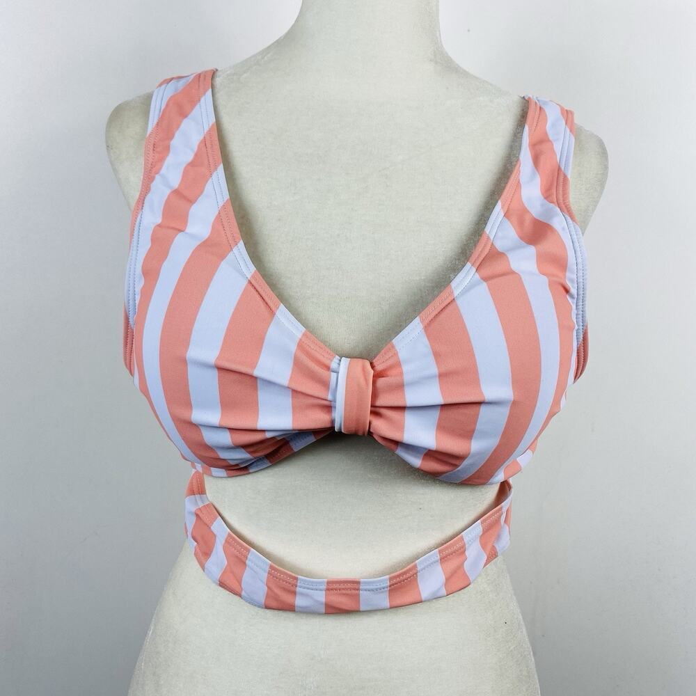 Dressfo Bikini Top Large Striped Knot Front Lace Up Back Swim Orange White